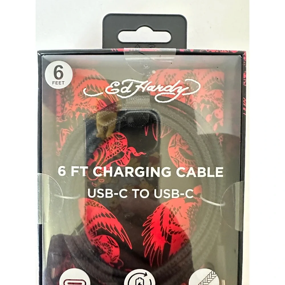 Ed Hardy USB-C to USB-C Charging Cable 6ft Black Braided New Rapid Charge Sync